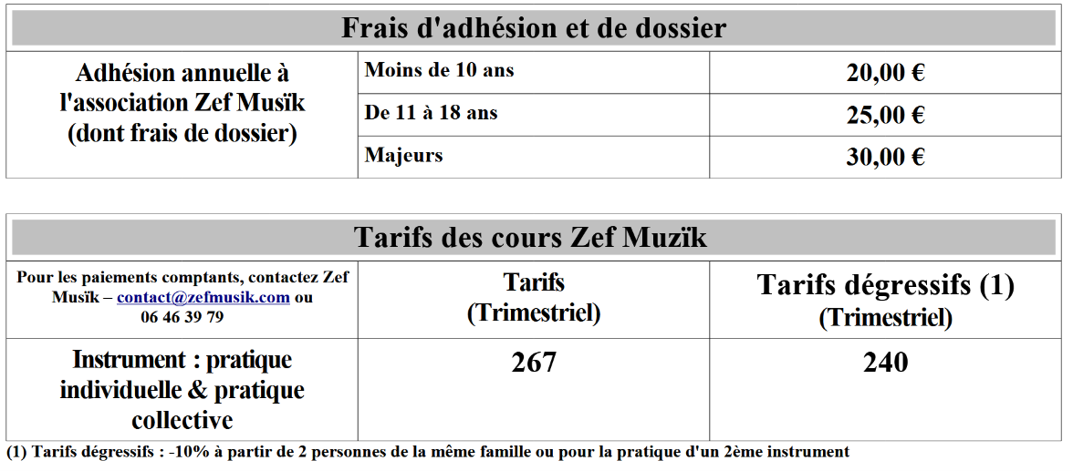 Les tarifs des cours de musique Zef Musïk